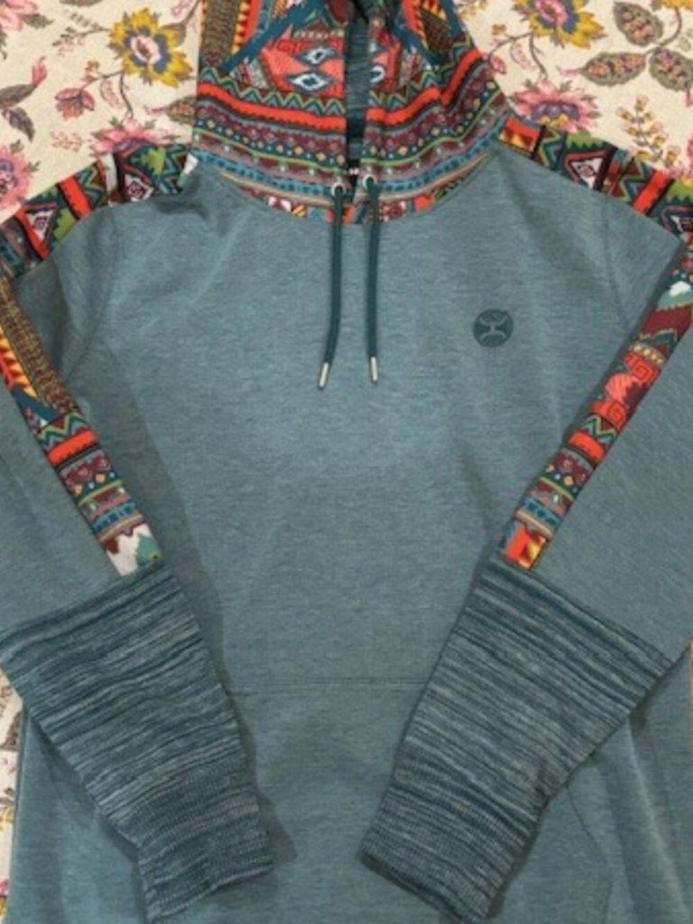 Hooey Canyon Hoodie Teal Aztec Multicolor Sweatshirt Women L Western Rustic